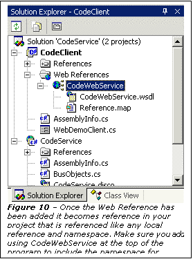 Text Box:  
Figure 10 – Once the Web Reference has been added it becomes reference in your project that is referenced like any local reference and namespace. Make sure you add using CodeWebService at the top of the program to include the namespace for compilation.
