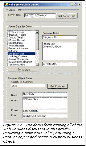 Text Box:  
Figure 12 – The demo form running all of the Web Services discussed in this article. Returning a plain time value, returning a DataSet object and return a custom business object.
