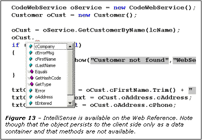 Text Box:  

Figure 13 – IntelliSense is available on the Web Reference. Note though that the object persists to the client side only as a data container and that methods are not available.
